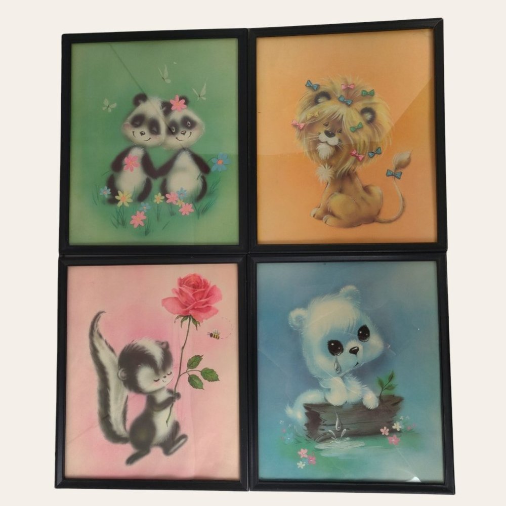 Vintage Big Eye Sad Eye Animal Pictures Kitsch Set 4 11x13 Panda Skunk Lion Bear